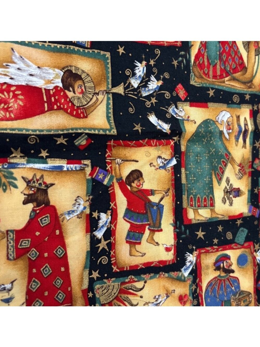 Nativity-Themed Cotton Fabric Panel 22x28 Gold Black Mary Wise Men Motifs